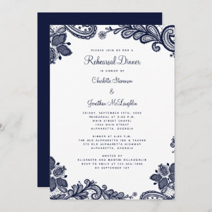 Elegant Lace Blue White Wedding Rehearsal Dinner Invitation