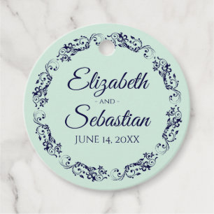 Elegant Lace Border Navy Blue & Mint Green Wedding Favour Tags