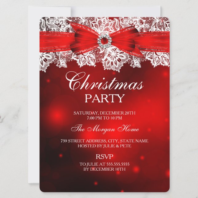 Elegant Lace & Bow Christmas Holiday Invitation (Front)