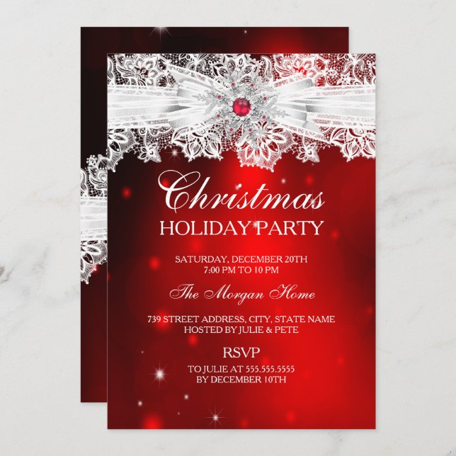 Elegant Lace Bow Red Christmas Holiday Party Invitation (Front/Back)