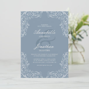 Elegant Lace Dusty Blue Scroll Wedding Invitation