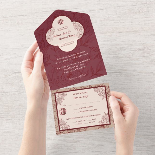 Elegant Lace Floral Chinese Wedding All In One Invitation (Tearaway)