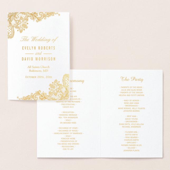 Elegant Lace Floral Real Gold Foil Wedding Program Foil Card (Display)
