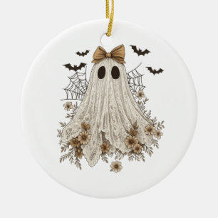 Elegant Lace Ghost with Bow Floral Ghost Ceramic Ornament