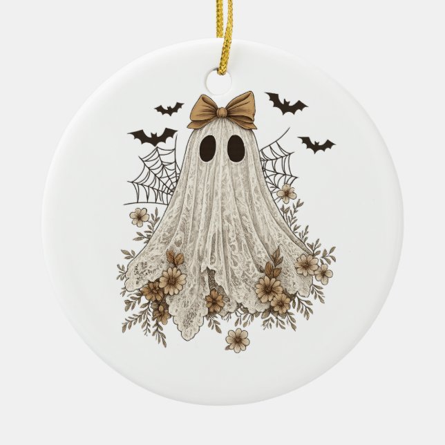 Elegant Lace Ghost with Bow | Floral Ghost  Ceramic Ornament (Front)