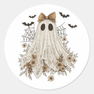 Elegant Lace Ghost with Bow   Floral Ghost  Classic Round Sticker