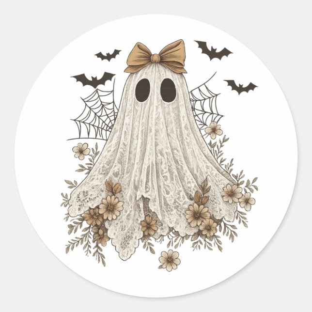 Elegant Lace Ghost with Bow | Floral Ghost  Classic Round Sticker (Front)