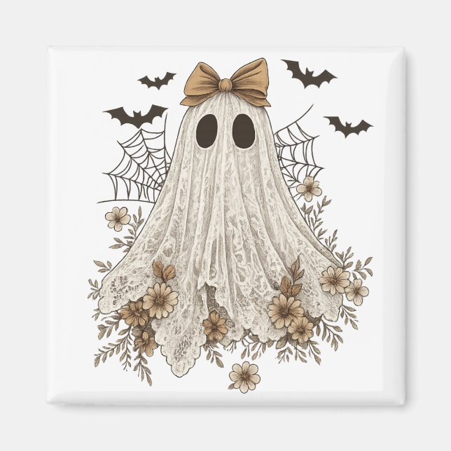 Elegant Lace Ghost with Bow | Floral Ghost  Magnet (Front)