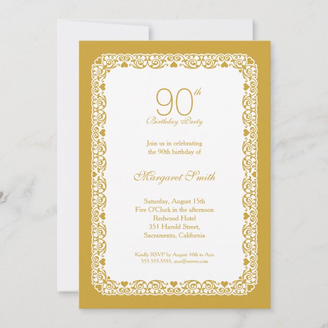 Elegant lace golden 90th birthday party Invitation (Front)