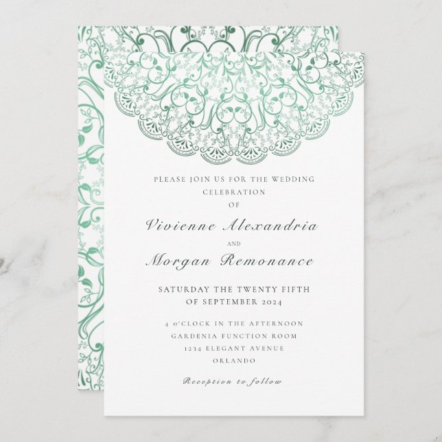Elegant lace green mandala wedding invitation (Front/Back)