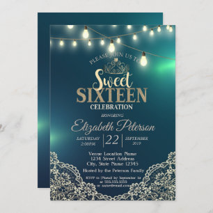 Elegant Lace,Lights,Tiara,Sweet 16 Party Invitation