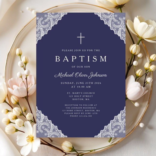 Elegant Lace Navy Blue Baby Boy Baptism Invitation (Elegant Lace Navy Blue Baby Boy Baptism Invitation)