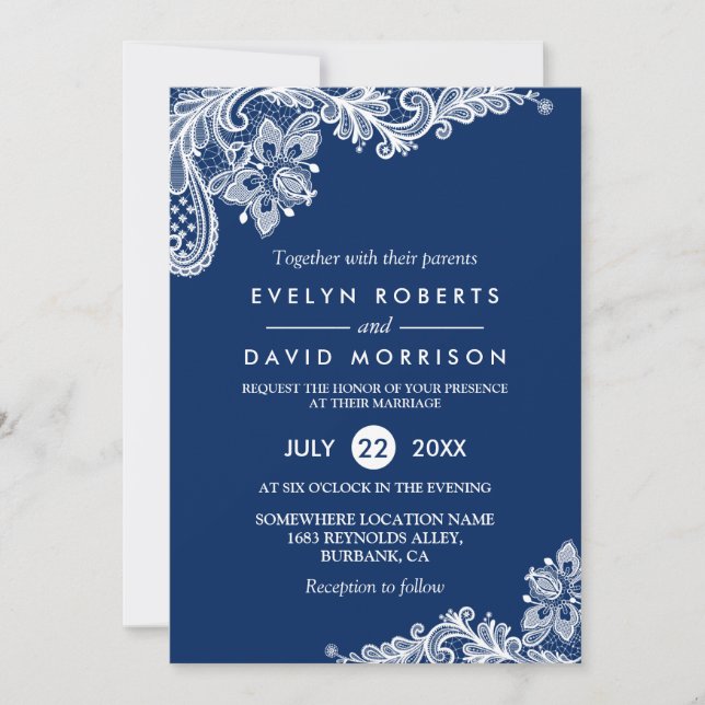 Elegant Lace Navy Blue White Formal Wedding Invitation (Front)