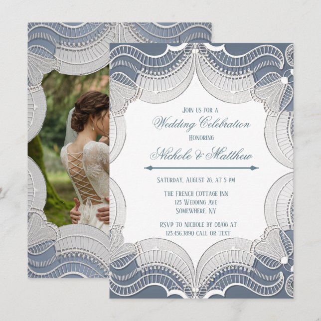 Elegant Lace On Blue Wedding Celebration Photo Invitation (Front/Back)