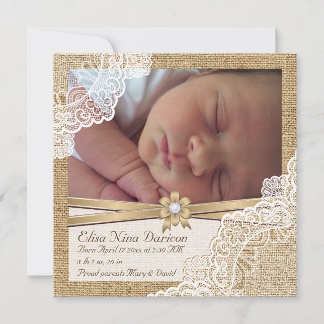 Elegant lace on burlap photo baby girl birth announcement (Front)