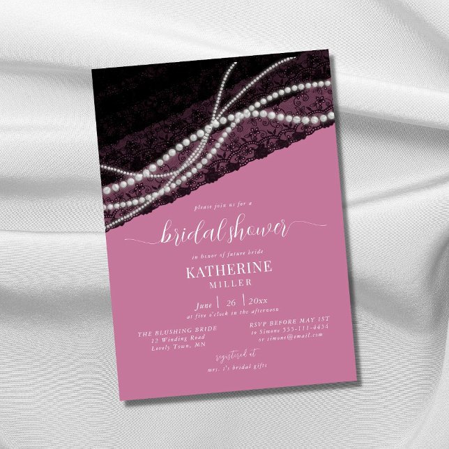 Elegant Lace Pearls Pink Black Chic Bridal Shower Invitation (Creator Uploaded)