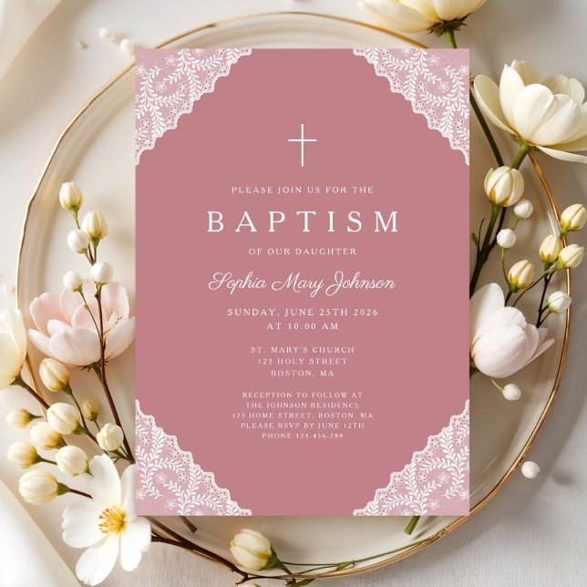 Elegant Lace Pink Baby Girl Baptism Invitation (Elegant Lace Pink Baby Girl Baptism Invitation)
