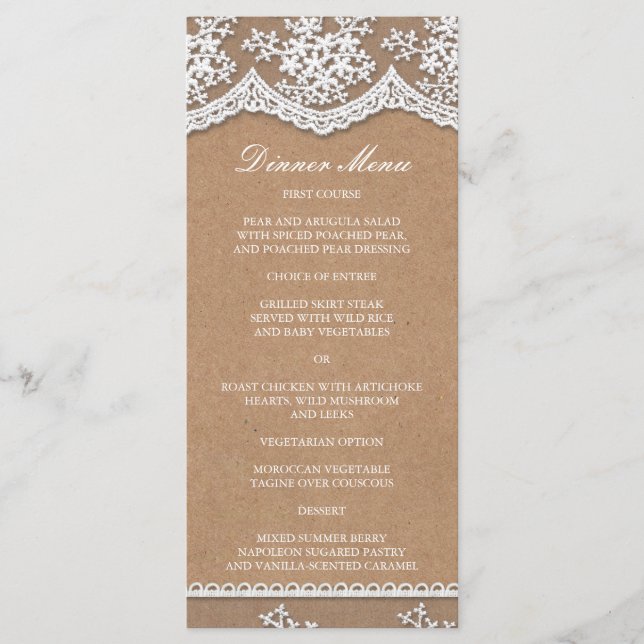 Elegant Lace & Rustic Craft Paper Slim Dinner Menu (Front)