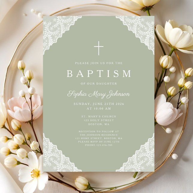 Elegant Lace Sage Green Baptism Invitation (Elegant Lace Sage Green Baptism Invitation)