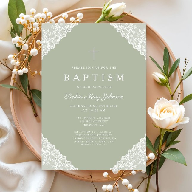 Elegant Lace Sage Green Baptism Invitation (Elegant Lace Sage Green Baptism Invitation)