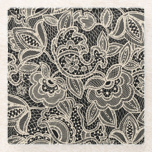 Elegant Lace Seamless Pattern Design Glass Coaster (Front)