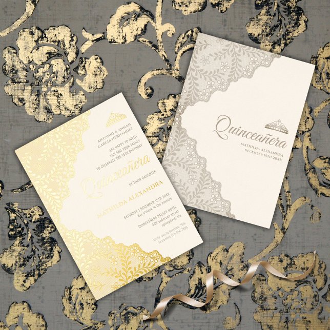 Elegant Lace Tiara Quinceanera Gold (Elegant Lace Tiara Quinceanera Gold Foil Invitation)