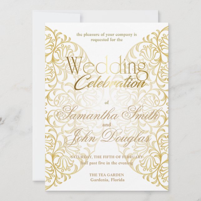 Elegant Lace White & Gold Modern Minimalist Invitation (Front)