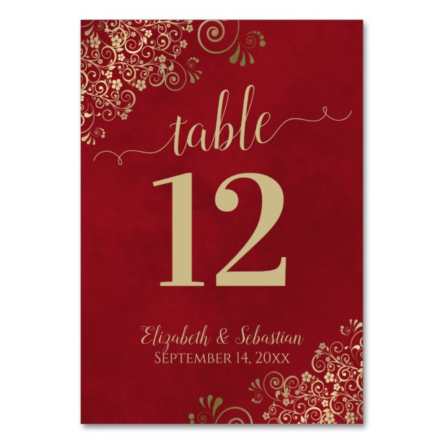 Elegant Lacy Gold Calligraphy Crimson Red Wedding Table Number (Front)