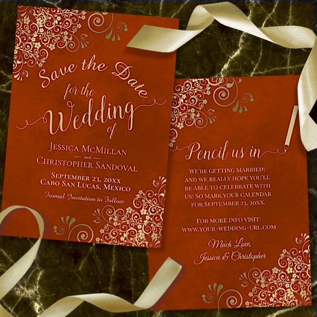 Elegant Lacy Gold Filigree on Rust Orange Wedding Save The Date (Creator Uploaded)
