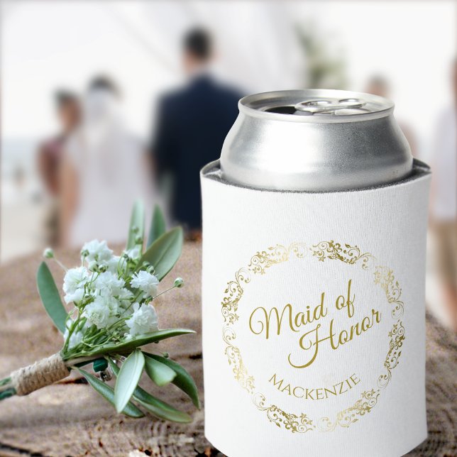Elegant Lacy Gold on White Maid of Honor Wedding Can Cooler (Creator Uploaded)