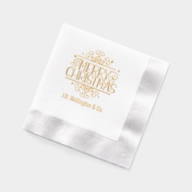 Elegant Lacy Merry Christmas Business Family Name Foil Napkins (Left)