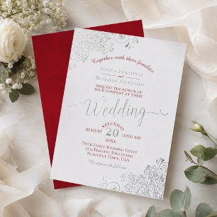 Elegant Lacy Silver & Crimson Red on White Wedding