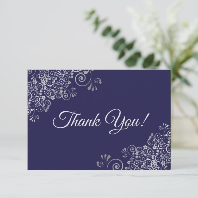 Elegant Lacy Silver & Navy Blue Simple Wedding Thank You Card (Standing Front)