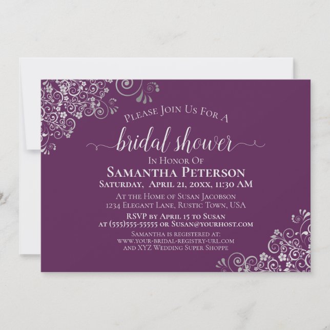 Elegant Lacy Silver on Plum Purple Bridal Shower Invitation (Front)