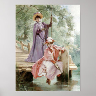 Elegant Ladies Fishing on Dock in Nature Vintage Poster