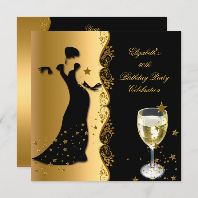Elegant Lady 50th Birthday Party Gold Black Wine Invitation (Front/Back)