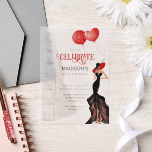 Elegant Lady And Balloons Birthday  Vellum Invitations