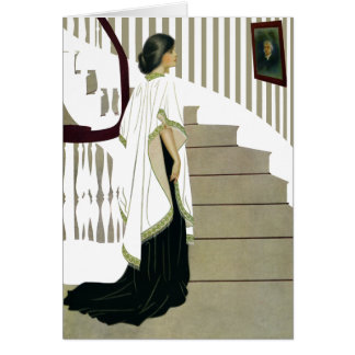 Elegant Lady Ascends the Staircase
