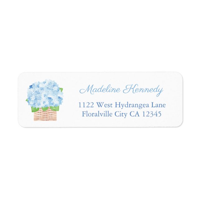 Elegant Lady Blue Hydrangea Basket Return Address Label (Front)