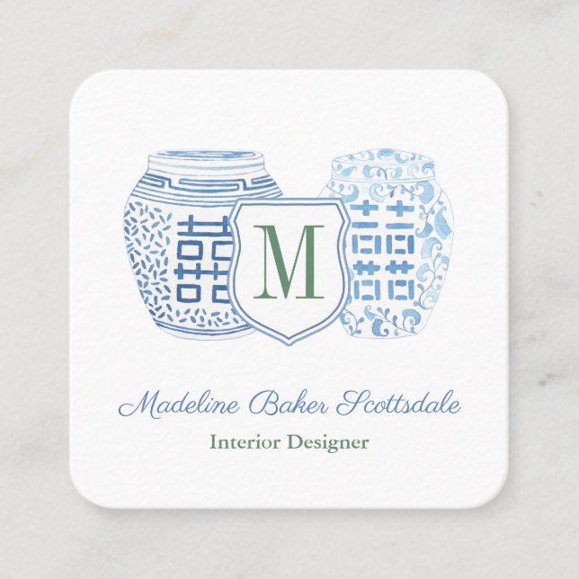 Elegant Lady Chinoiserie Monogram Square Business Card (Front)