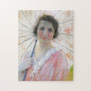 Elegant Lady in a Pink Dress with a Parasol Jigsaw Puzzle
