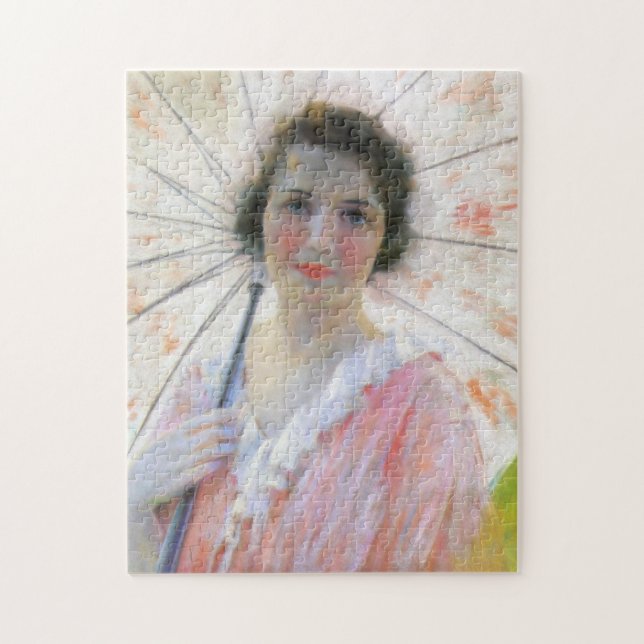 Elegant Lady in a Pink Dress with a Parasol Jigsaw Puzzle (Vertical)