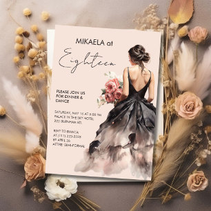 Elegant Lady In Black Gown 18th Birthday Party Invitation