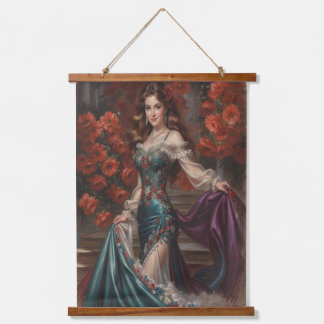 Elegant Lady in Floral Dress Amidst Red Poppies Hanging Tapestry