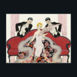 Elegant Lady in Paris Art Deco Postcard<br><div class="desc">Elegant Lady in Paris postcard. Art deco illustration from 1924. French illustrator Georges Barbier completed dozens of beautiful illustrations depicting the roaring twenties in France. Elegant Lady in Paris features a young blonde woman sitting on a couch as two suitors in tuxedos flirt with her. The woman wears a pink...</div>