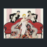 Elegant Lady in Paris Art Deco Postcard<br><div class="desc">Elegant Lady in Paris postcard. Art deco illustration from 1924. French illustrator Georges Barbier completed dozens of beautiful illustrations depicting the roaring twenties in France. Elegant Lady in Paris features a young blonde woman sitting on a couch as two suitors in tuxedos flirt with her. The woman wears a pink...</div>