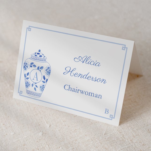 Elegant Lady Monogram Ginger Jar Place Card (Individual place cards for wedding, meeting, bridal shower etc with monogram ginger jar & greek key)