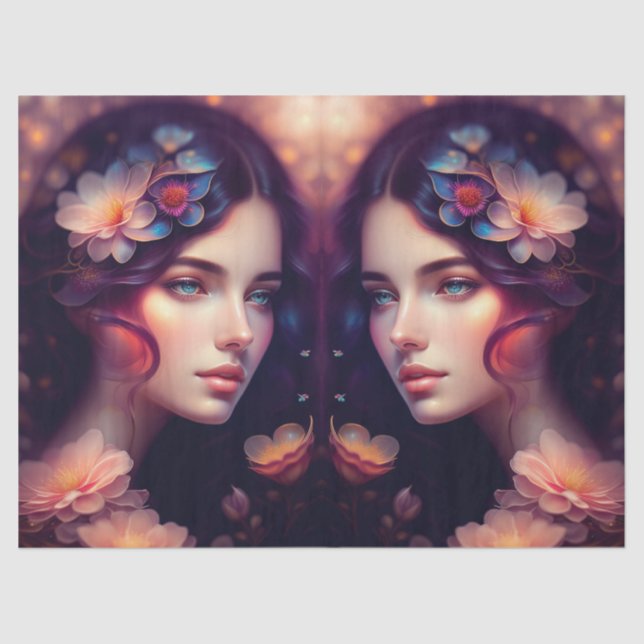 Elegant Lady Orange Pink Blue Flowers Decoupage Tissue Paper (Front)