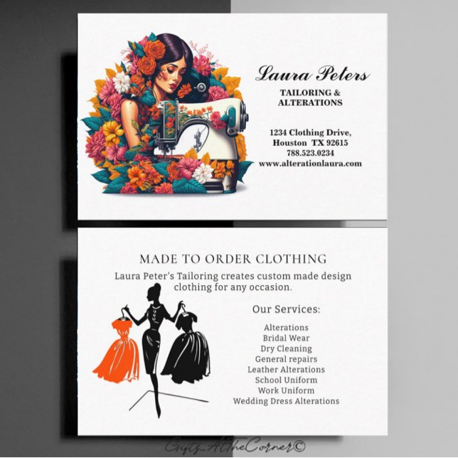 Elegant Lady Sewing Machine Tropical Flowers Business Card (Creator Uploaded)