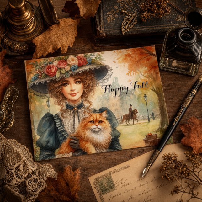 Elegant Lady with Cat Happy Fall  Postcard (Creator Uploaded)